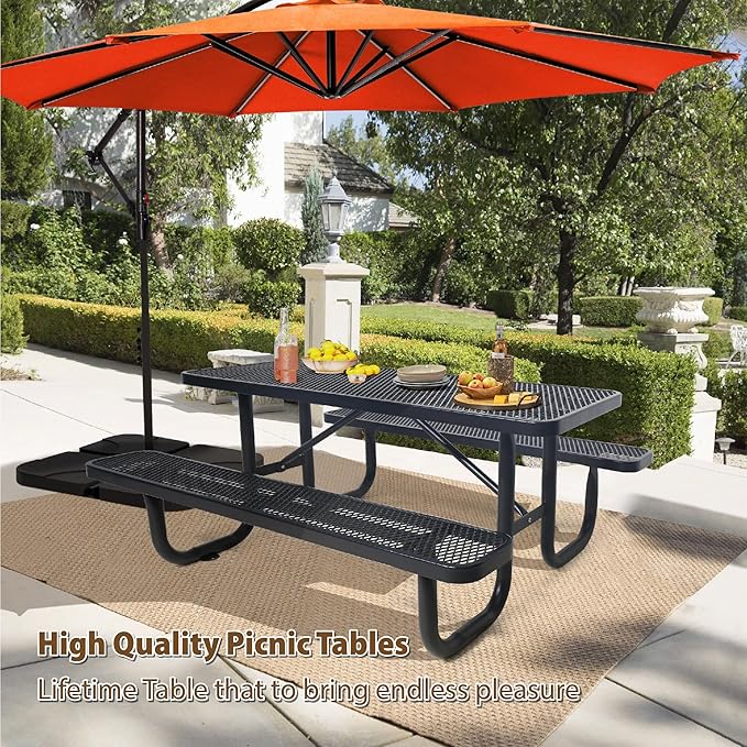 4FT Rectangular Steel Outdoor Picnic Table,Commercial Black Picnic Table Bench Set with Umbrella Hole, Weather-Resistant Heavy Duty School Dining Table for Patio, Garden, Backyard