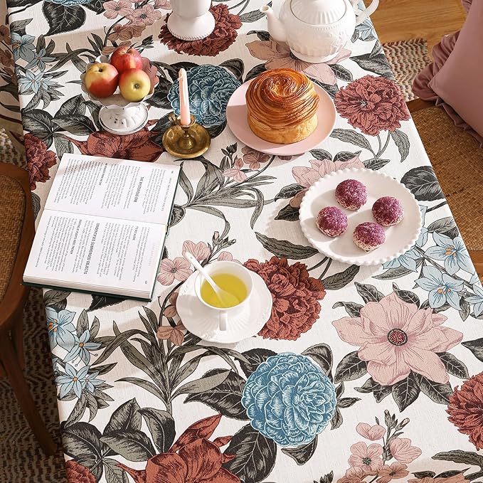 French Linen Tablecloth for Rectangle Table,Red and Blue Floral Durable Extra Long Tablecloths,Decor Table Cover for Kitchen,Dining,Thanksgiving,Farmhouse,63" × 110"-Burgundyred