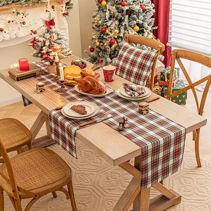 Red White Plaid Christmas Table Runner, Winter Holiday Table Runners 48 inches Long, Xmas Decorations Indoor Outdoor Farmhouse Home Kitchen Dining Party Decor
