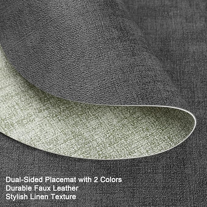 Placemats and Coasters, Washable Reversible Placemats Round Faux Leather Wipeable Place Mats Non Slip Heat Resistant Indoor Outdoor Table Mats (Set of 4, Gray Green)