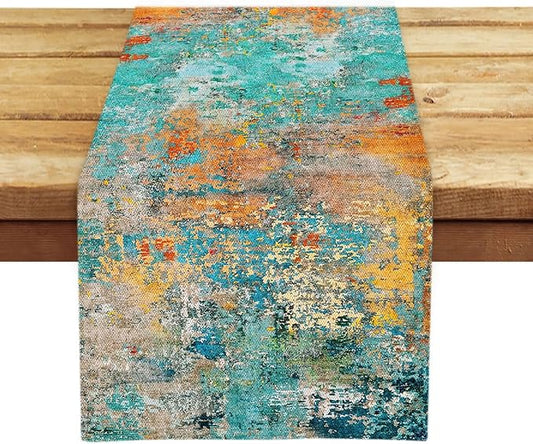 OYIMUA Modern Abstract Teal Yellow Colorful Table Runner 13 x 72 Inches Summer Runners for Tables Rustic Spring Fall Decorations for Home Indoor Outdoor Table Decor