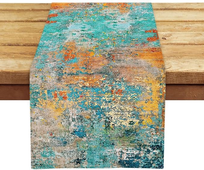 OYIMUA Modern Abstract Teal Yellow Colorful Table Runner 13 x 90 Inches Summer Runners for Tables Rustic Spring Fall Decorations for Home Indoor Outdoor Table Decor