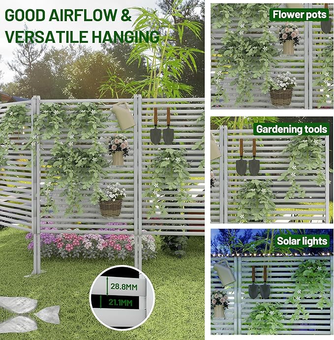 Outdoor Privacy Screen Fence with Feet Stand 4FT x 6FT, Freestanding Fence Privacy Screen for Outside, Metal Pipes and Slats Panels Divider Stake for Garden Patio Balcony Backyard White