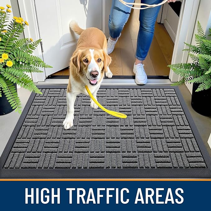 OLANLY Front Door Mat Outside Entrance 35x23, Absorbent, Heavy Duty Sturdy Natural Rubber Doormat Indoor Outdoor, Stain and Fade Resistant, Non-Slip Backing Low Profile Floor Mat for Entryway, Grey