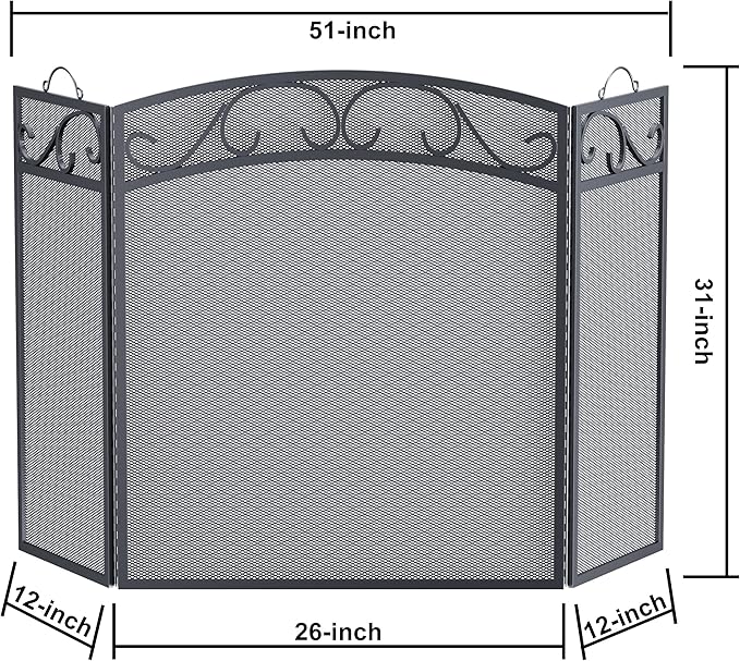 Fire Beauty Fireplace Screen 3 Panel with Handles Wrought Iron 51"(L) x31(H) Spark Guard Cover(Sanded Black)