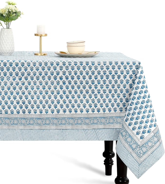 CPC Apatite Blue Floral Hand Block Printed 100% Cotton Tablecloth 60x120 Rectangular Reusable and Washable Boho Dining Table Cloth Thanksgiving