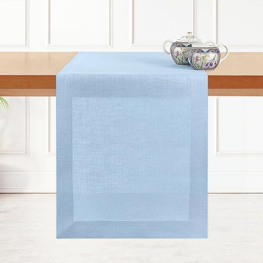 D'Moksha Homes Linen Powder Blue Table Runner 84 Inches Long - 100% Pure Linen 14 x 84 Inch Table Runner for Dining, Winter, Holiday - Machine Washable