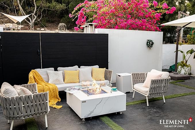 Elementi+ | Bundle Bianco Gas Fire Pit | Marble Porcelain & Metal Frame | 40" Square Fire Table | Electronic Ignition | Canvas Cover, Fire Glass & Burner Lid Included | White | Natural Gas