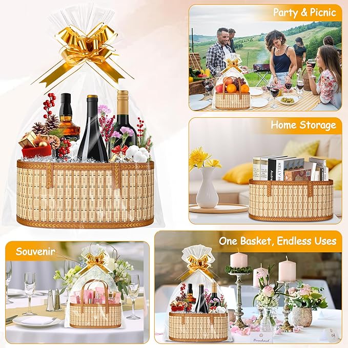 Leevcok 2 Set Baskets for Gifts Empty, Large Bamboo Gift Basket with Handle, Foldable Reusable Decorative Woven Basket for Christmas, Baby Shower, Mother's Day, Housewarming, Wedding
