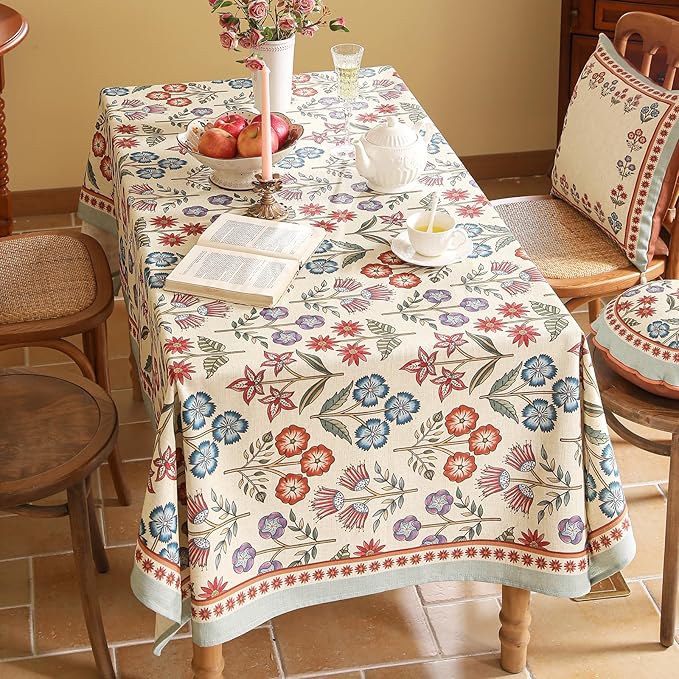 French Linen Rectangle Tablecloth,Vintage Colorful Multiple Prints Soft and Durable Tablecloths,Decor Table Cover for Kitchen,Dining,Tea Party,Thanksgiving,Christmas,63"*87"-Lohi
