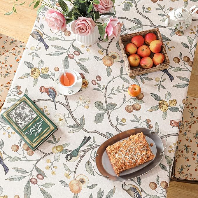 Linen Table Cloth Rectangle,Wrinkle Resistant French Pink Tablecloth Print with Froal,Decor Stitch Table Cloth for Thanksgiving,Dining Room,Home,Kitchen 55" × 87"-Dewey A