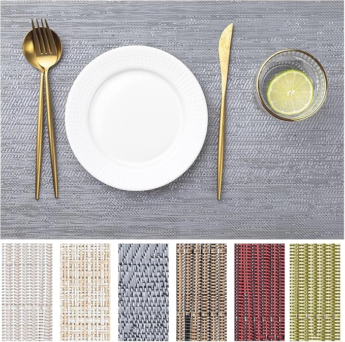 LEXMORE Placemats Set of 6 Vinyl/Plastic Woven Place Mats for Kitchen Table Indoor/Outdoor Washable Placemat Wipeable Dining Table Mats(Ombre Gray)