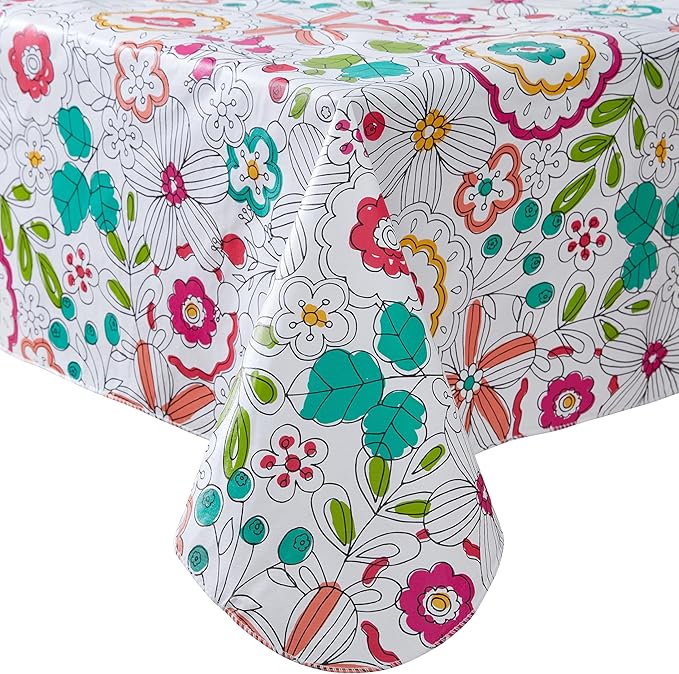 Newbridge Shabby Chic Lily Print 60 x 102 Inch Rectangle Vinyl Flannel Backed Tablecloth, Pink Yellow and Green Lily Indoor and Outdoor Waterproof Vinyl Table Cover for Spring Holiday Party