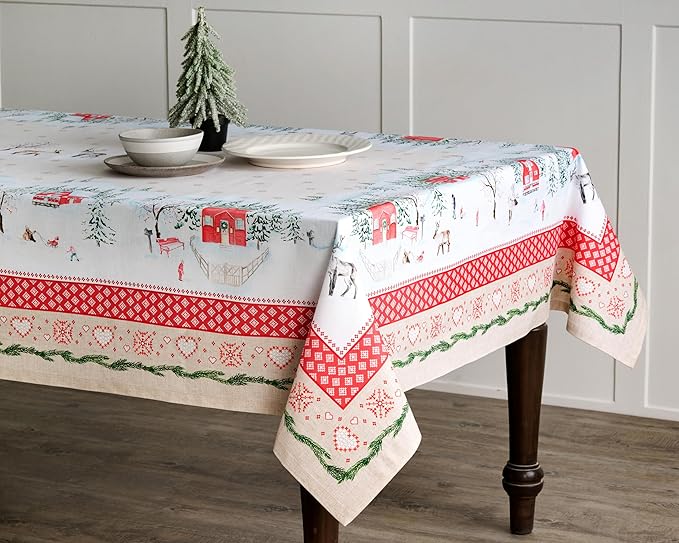 Maison d' Hermine Table Cloth Rectangle Table 100% Cotton 70 x 90 Inches Fall Tablecloth Reusable Everyday Use for Thanksgiving Christmas Decorations Dining Farmhouse Party (Rural Christmas)