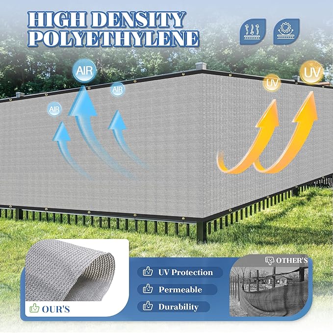 ECOOPTS 4'x219' Privacy Fence Screen Windscreen with Copper Grommets, Fit for Commercial Fence and Residential Garden Outdoor 90% UV Blockage, Cable Zip Ties Included (Gray)