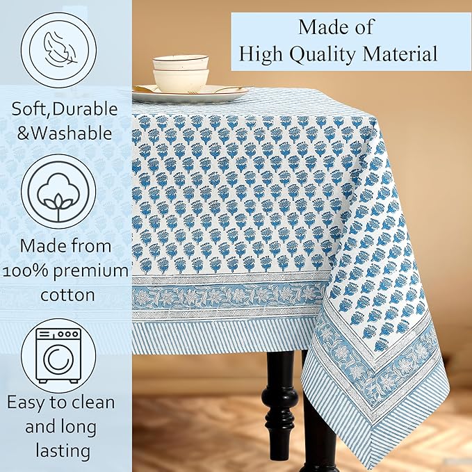 CPC Tablecloth 100% Cotton 70x108 Inch Indian Block Print Rectangle Table Cover, Blue Table Cloth for Weddings, Spring/Summer, Barbeque - Apatite Blue
