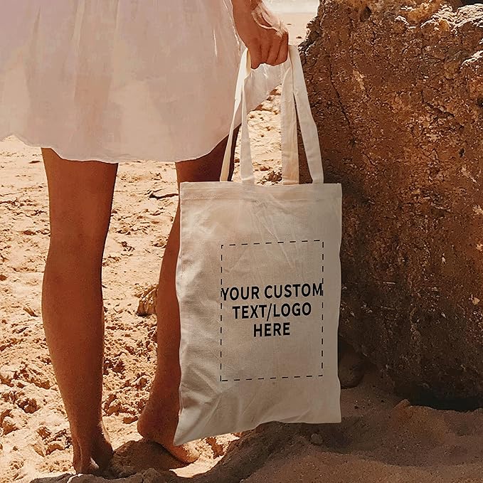 DISCOUNT PROMOS Custom Cotton Canvas Tote Bags Set of 10, Personalized Bulk Pack - Reusable, Great for Shopping, Grocery, Beach, Picnic, Wedding Favors - Natural