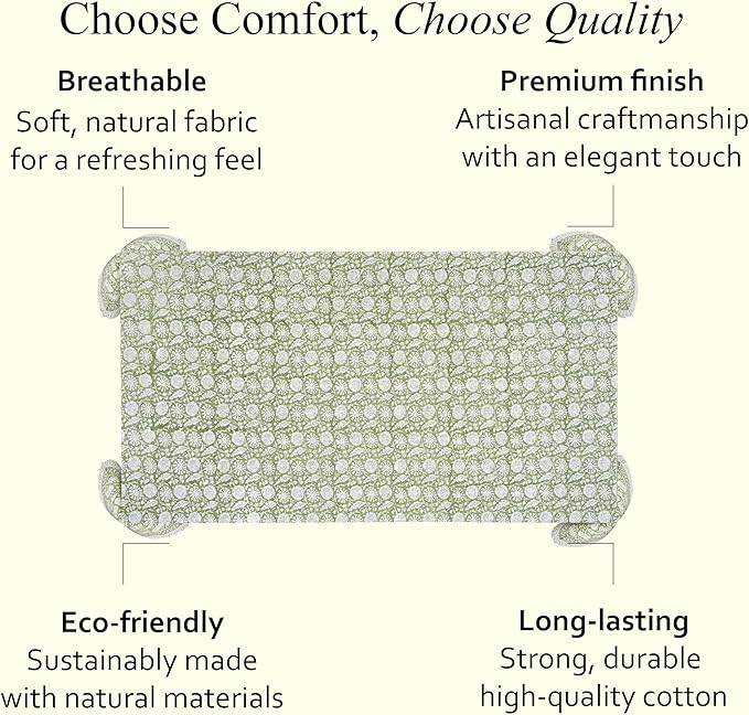 CPC Olive Bloom Tablecloth 100% Cotton 60x90 Inch Indian Block Print Rectangle Table Cover, Table Cloth for Gifting in Weddings, Halloween, Fall, Christmas, Thanksgiving