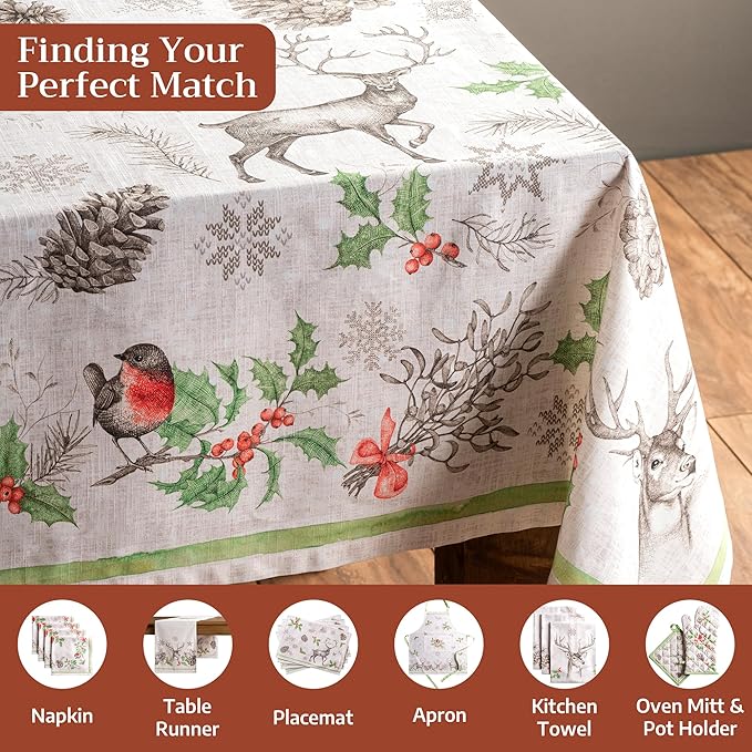 Maison d' Hermine Table Cloth Rectangle Table 100% Cotton 60 x 108 Inches Fall Tablecloth Reusable Everyday Use for Thanksgiving Christmas Decorations Dining Farmhouse Party (Christmas Dew)