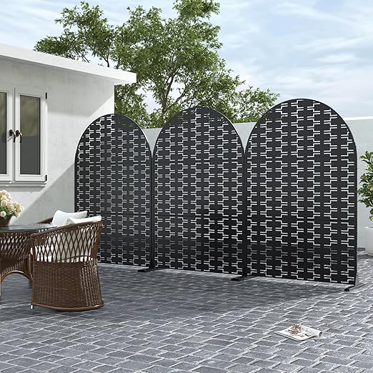 Casaphoria 72" H x 47" W Arched Metal Privacy Screen - Elegant Freestanding Outdoor Screen for Deck, Patio & Balcony - Versatile Decorative Privacy Panels for Home & Garden Use (Black-Brick)