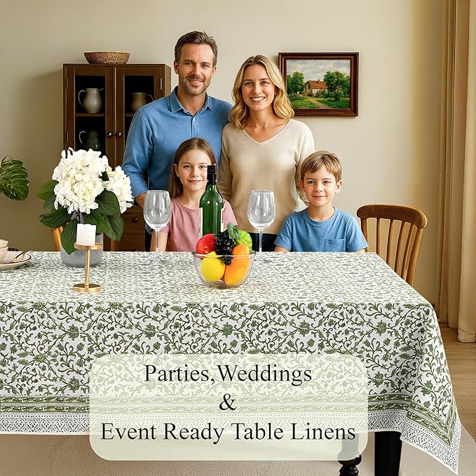 CPC Meadow Vine Tablecloth 100% Cotton 70x118 Inch Indian Block Print Rectangle Table Cover, Table Cloth for Gifting in Weddings, Halloween, Fall, Christmas, Thanksgiving