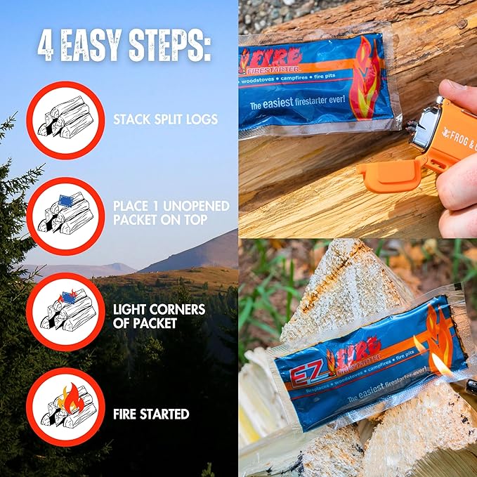 – 50 Pack All-Natural Fire Starters for Campfires, Fire Pits, BBQs & Fireplaces – Long Burning, Weather-Resistant, Non-Toxic + Survival Frog Rechargeable Lighter Kit