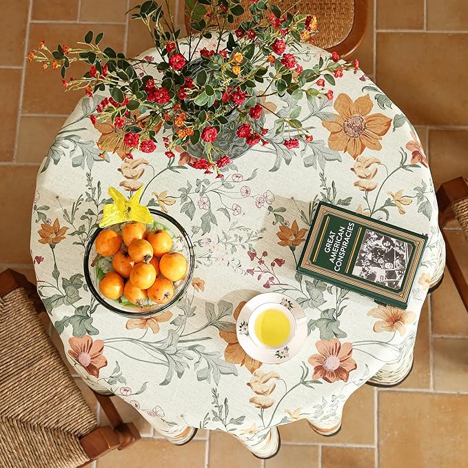French Tablecloth for Round Table,Linen Orange Floral Wrinkle Resistant Tablecloths,Decorative Table Cover for Kitchen,Dining,Tea Party,Thanksgiving,Christmas,Diameter 67"-Milch