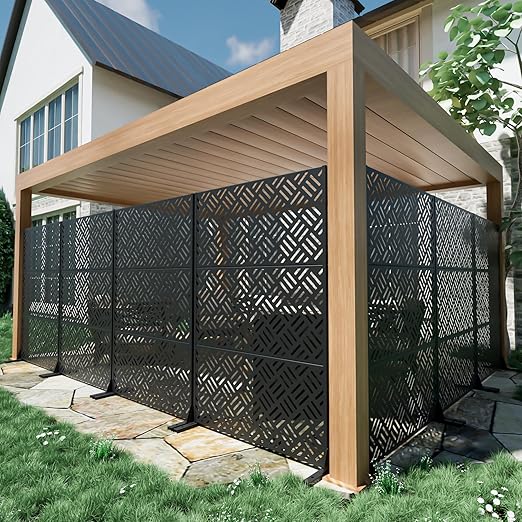 Casaphoria Metal Privacy Screen Outdoor, 72" H x 47" W Freestanding Decorative Privacy Screen for Patio Deck Balcony Garden with Stable Base, Black-Carl