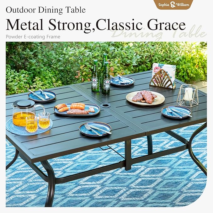Sophia & William Patio Dining Set with 13ft Double-Sided Patio Umbrella, 8 Piece Metal Outdoor Table Furniture Set with 6 Stackable Chairs, 1 Rectangle Dining Table and 1 Large Beige Umbrella