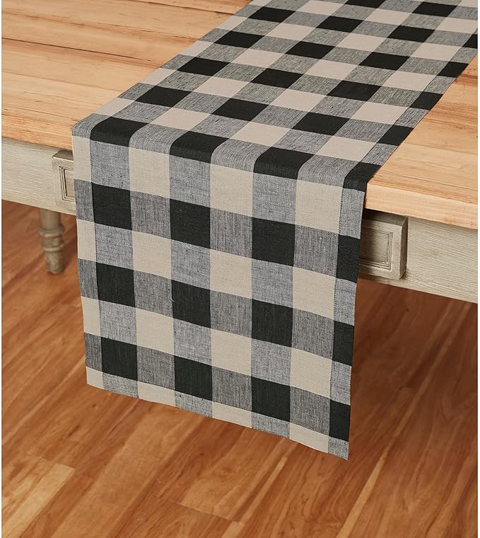 Solino Home Linen Checkered Table Runner 60 Inches - 100% Pure Linen Natural and Black Buffalo Check Short Table Runner 14 x 60 Inch Ideal for Dresser and Coffee Tables, Spring
