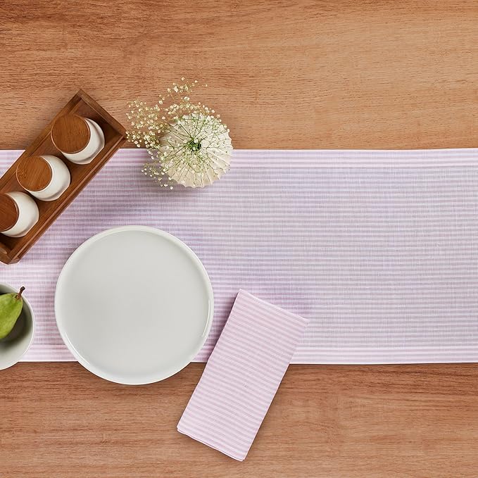 Solino Home Linen Striped Table Runner 36 Inches - Narrow Stripe, 100% Pure Linen Pink and White Small Table Runner 14 x 36 Inch Ideal for Dresser and Coffee Tables, Valentines, Spring, Easter