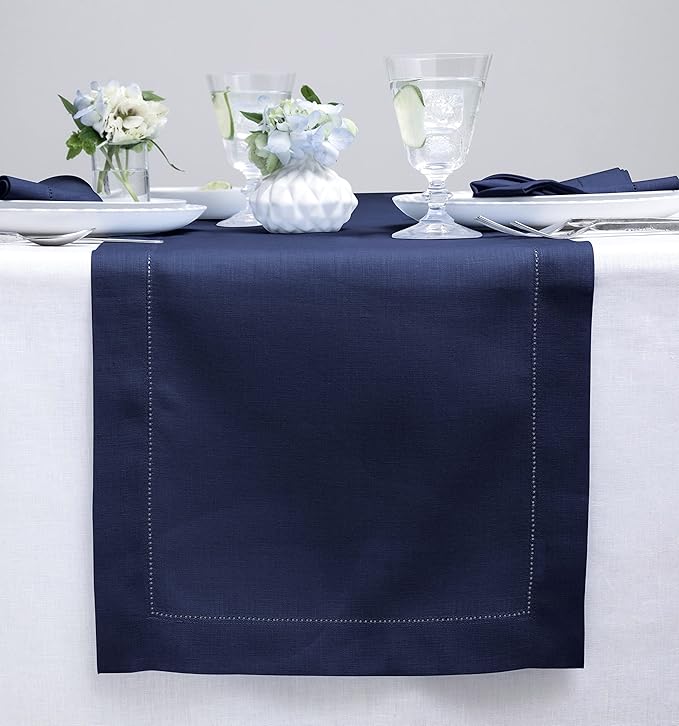 Solino Home Linen Navy Blue Table Runner 90 Inches Long - 100% Pure Linen Hemstitch 14 x 90 Inch Table Runner for Dining, Easter - Classic Hemstitch