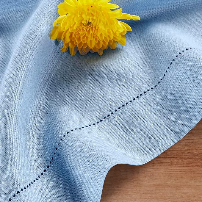Solino Home Linen Cornflower Blue Table Runner 120 Inches Long - 100% Pure Linen Hemstitch 14 x 120 Inch Table Runner for Dining, Spring, Easter - Classic Hemstitch