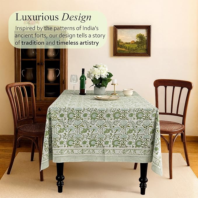 CPC Tablecloth 100% Cotton 60x60 Inch Indian Block Print Square Table Cover, Table Cloth for Weddings, Spring/Summer, Barbeque - Agate Green