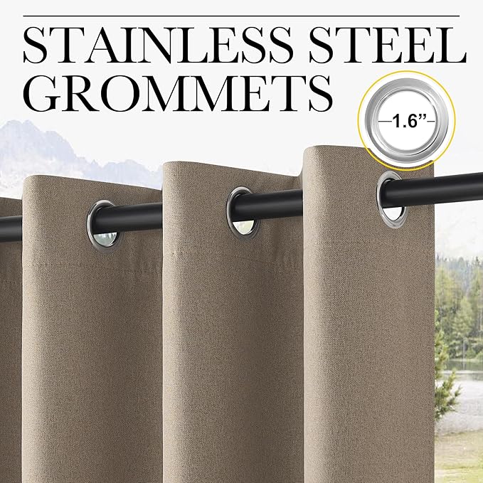 NICETOWN Outdoor Curtains for Patio Waterproof, Thermal Insulated Linen Textured 100% Blackout Outside Drapes for Gazebo, Privacy Sun Shades for Indoor, Bathroom, W52 x L84 Inch, Taupe, 2 Panels