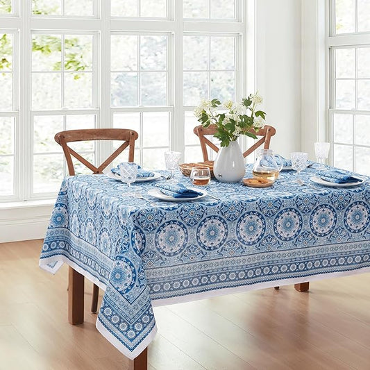Elrene Home Fashions Vietri Medallion Blue Coastal Block Print Stain & Water Resistant Indoor/Outdoor Fabric Rectangle Tablecloth, 52"x70"