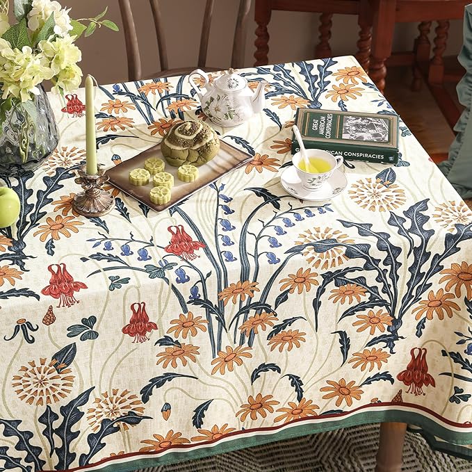French Vintage Square Tablecloth,Linen Tablecloth with Gold and Red Floral Pattern,Decorative Table Cover for Kitchen,Dining,Thanksgiving,Tea Party,Living Room,67" × 67"-Tijuana