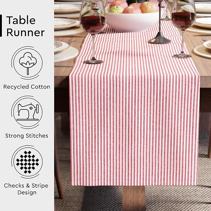 Encasa XO Cotton Dining Table Runner | Ticking Red | Size 13x59 in - Machine Washable & Durable