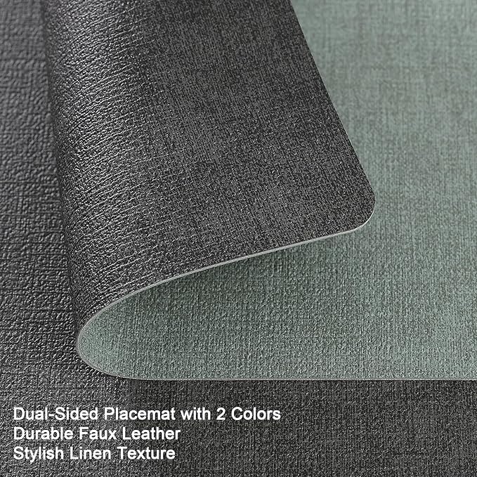 Myir JUN Placemats Dual Sided, Faux Leather Place Mats Set of 6 Indoor for Dining Table Non-Slip Washable Wipeable Heat Resistant Outdoor Table Mats (Gray Sage Green, Set of 6)