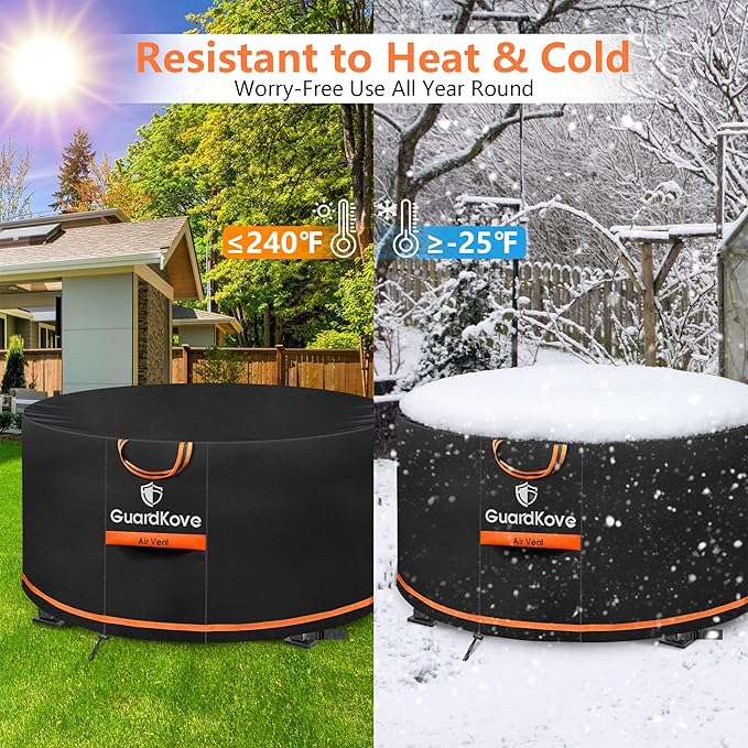 [Upgraded 1000D Heavy Duty Fabric] 56” Fire Pit Cover Round for 54”- 56” Fire Pit/Tables, Waterproof Tear & Fade Resistant Firepit Cover with Buckle, Handle, Drawstring, Air Vent (56”D x 24”H,Black)