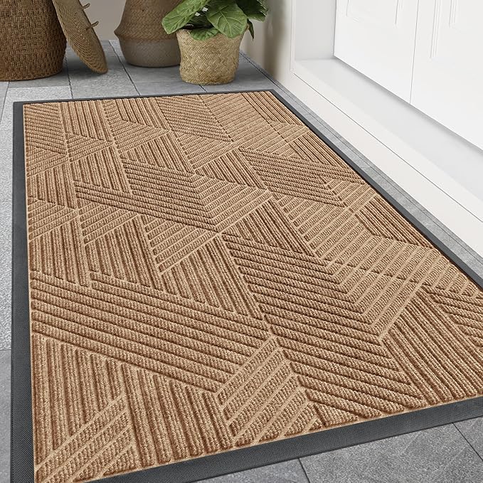 Smiry Front Door Mat Outside Entrance, Heavy Duty Sturdy Natural Rubber Doormat, Trap Dirt and Moisture, Easy Clean Low Profile Mats for Indoor Outdoor Entry, Irregular Triangle (47x24, Coffee)