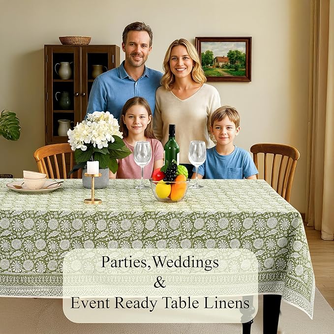 CPC Olive Bloom Tablecloth 100% Cotton 60x90 Inch Indian Block Print Rectangle Table Cover, Table Cloth for Gifting in Weddings, Halloween, Fall, Christmas, Thanksgiving