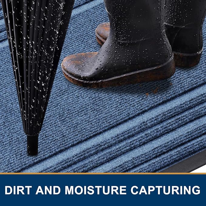Buganda Front Door Mat Indoor Outdoor Entrance, Non-Slip Natural Rubber Doormats, Easy Clean, Low Profile, Dirt Trapper Entryway Floor Mats for Outside, Garages and Patios, 36x24, Light Blue