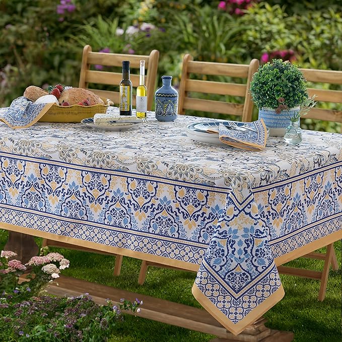 Home Bargains Plus Rectangle Fabric Tablecloth, 60 x 102 Inch, Allure Yellow and Blue Floral Bordered Print, Indoor Outdoor Stain and Water Resistant Table Cloth, Provence French Country