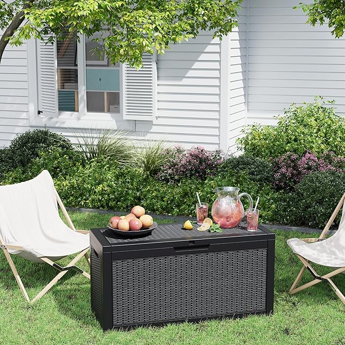60 Gallon Outdoor Storage Deck Box Waterproof,Large Resin Storage Container for Outside,Patio Accessories for Outsid,Backyard Delivery Boxes,Lockable Lid,Rattan Gray