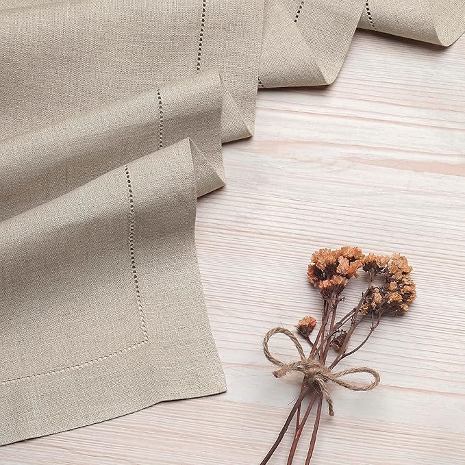 D'Moksha Homes Linen Natural Table Runner 48 Inches - Classic Hemstitch, 100% Pure Linen Coffee Table Runner 14 x 48 Inch Ideal for Dresser Tables, Valentines, Spring, Easter