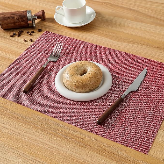 Leetaltree Red Placemats Set of 8 - Heat Resistant Non-Slip Place mats for Dining Table, Washable Durable PVC Vinyl Woven Table Mats（Red, 8）