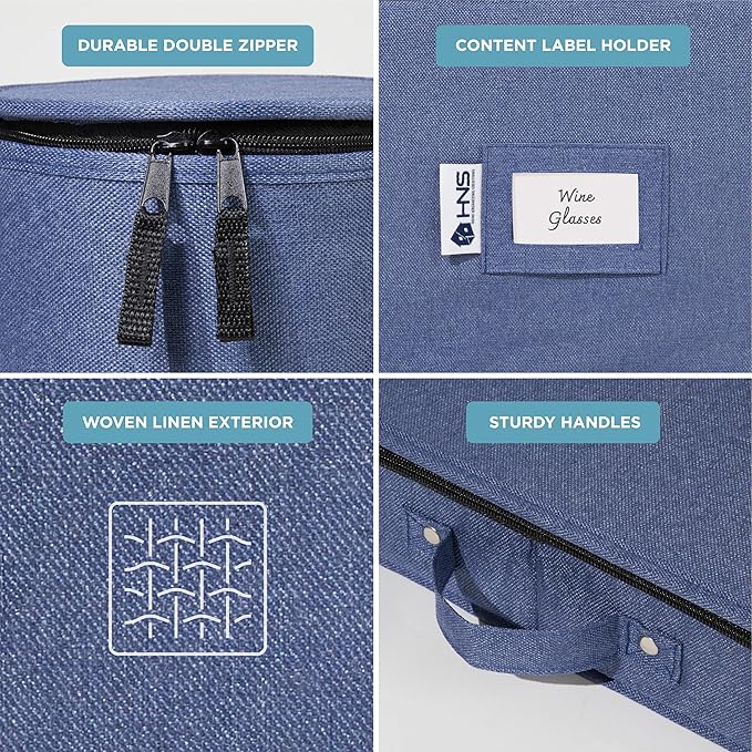 China Storage Hard Shell Containers 12-Piece Set Moving Boxes for Dinnerware, Glasses, Plates, Mugs and Saucers Sturdy Dish Organizer with Dividers for Seasonal Storage - Service for 12 - Denim Blue